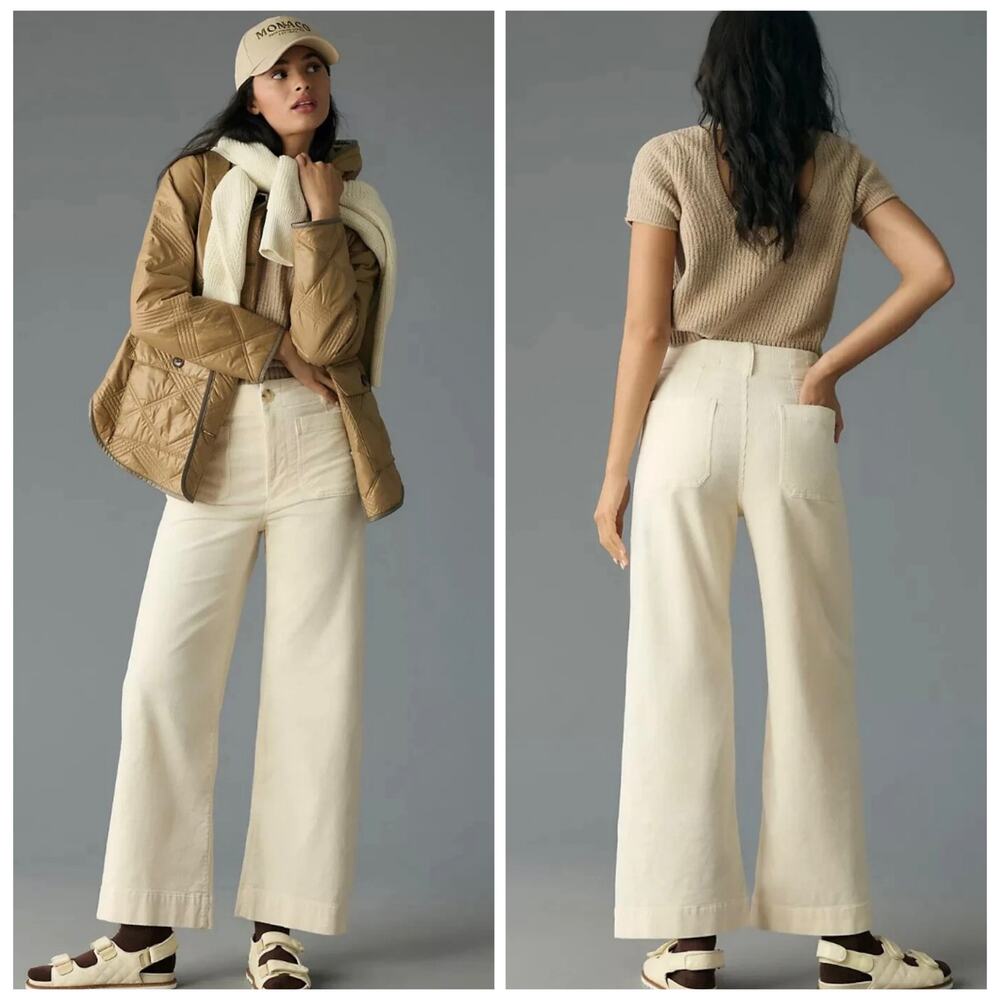 Anthropologie NEW Maeve Colette Corduroy FULL-LENGTH Wide-Leg Pants Ivory 30P
